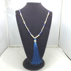 Christopher & Banks blue white beaded necklace with tassels